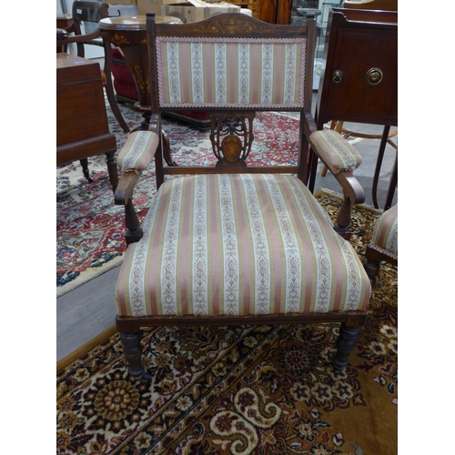 4254 - A rosewood framed three piece salon suite, inlaid decoration, satinwood inlay, pink and cream floral... 