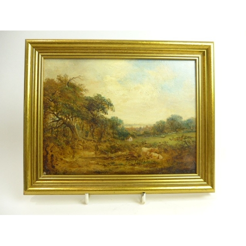 4509 - A 19th Century miniature oil on board depicting rural landscape with cattle to foreground. The back ... 