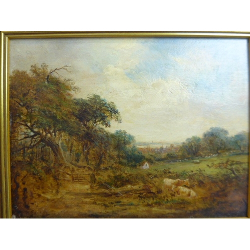 4509 - A 19th Century miniature oil on board depicting rural landscape with cattle to foreground. The back ... 