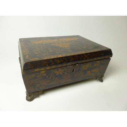 4515 - A late 19th Century neoclassical penwork sarcophagus jewellery box with chinoiserie scene to top, ra... 