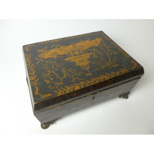 4515 - A late 19th Century neoclassical penwork sarcophagus jewellery box with chinoiserie scene to top, ra... 