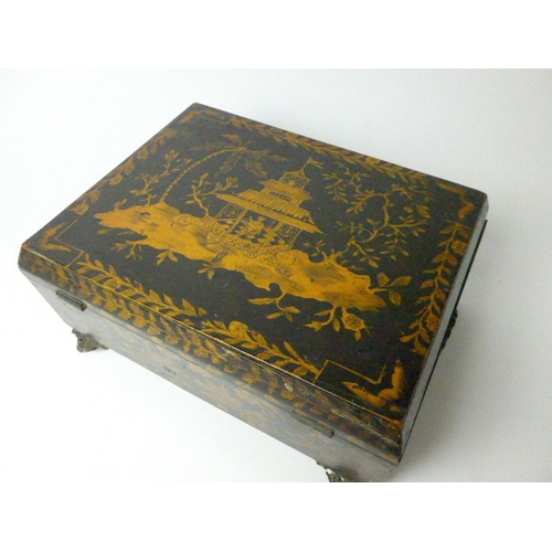 4515 - A late 19th Century neoclassical penwork sarcophagus jewellery box with chinoiserie scene to top, ra... 