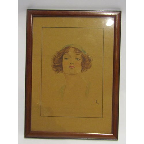 4494 - An early 20th Century pencil and watercolour bust length portrait of woman, monogrammed and dated 19... 