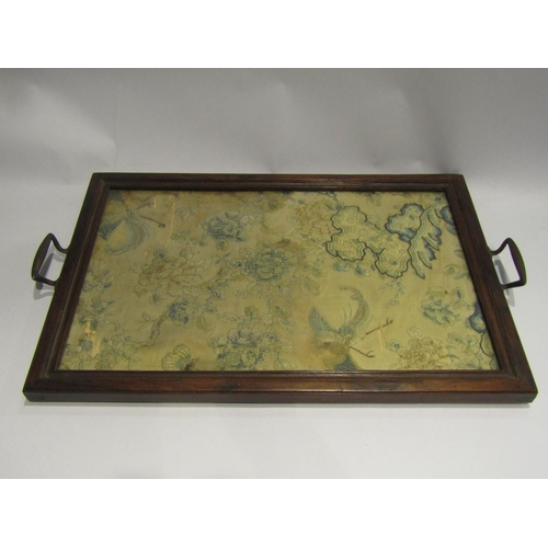 4563 - A mixed lot including hardwood tray with silk inlaid panel depicting birds and flowering trees, thre... 