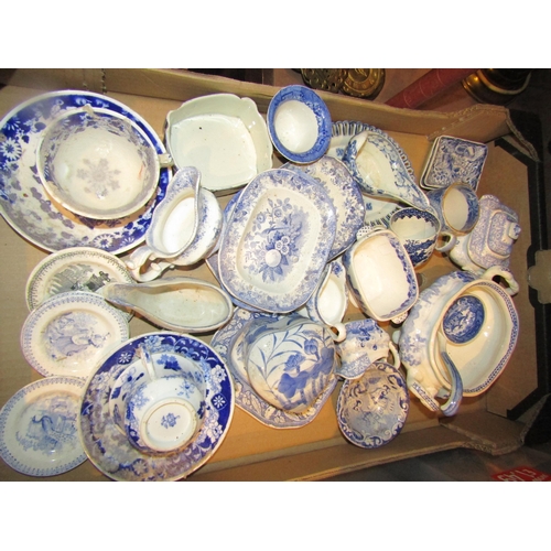 4564 - A box of blue and white china ware to include miniature sauce boats, trinket pots, bowls, etc. some ... 