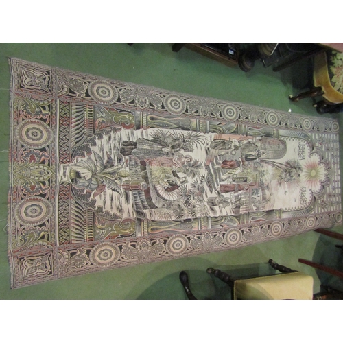 4023 - A tapestry wall hanging of a Middle Eastern scene with Arabic writing, 285cm x 110cm