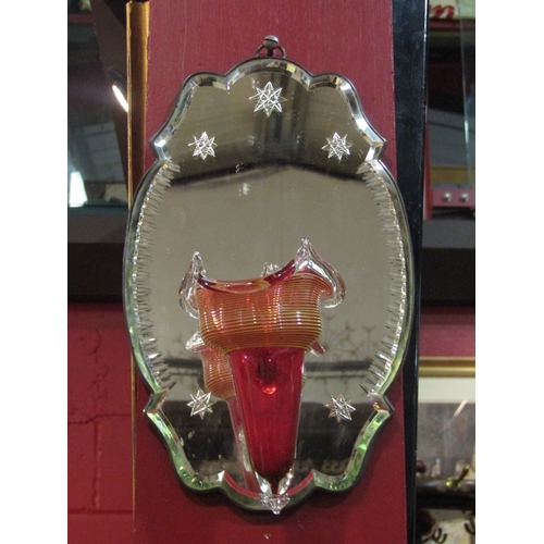 4135 - A Victorian girandole, mirrored back with attached cranberry glass posy vase