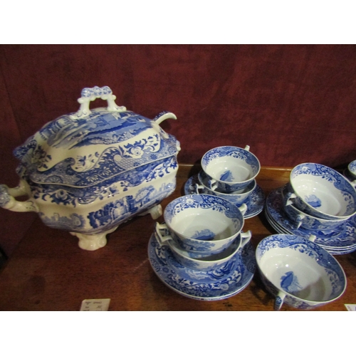 4276 - A Spode 'Italian' pattern soup tureen, twelve soup bowls on saucers, another twin handled soup turee... 