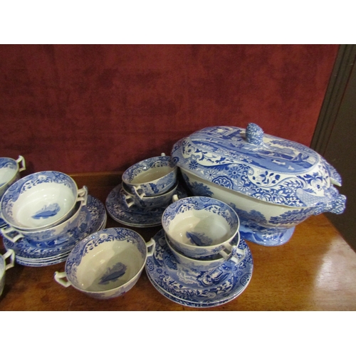 4276 - A Spode 'Italian' pattern soup tureen, twelve soup bowls on saucers, another twin handled soup turee... 