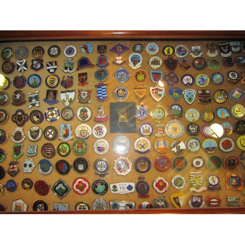 4291 - A mahogany display case containing a collection of bowls badges, with key