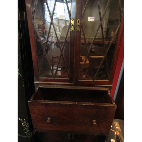 1073 - A 19th Century mahogany full height cabinet of slim proportions, the astragal glazed two door top ov... 