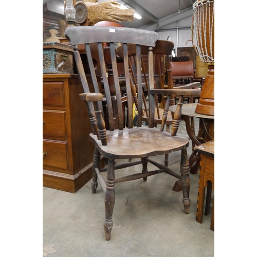 2012 - A Victorian oak lathe back grandfather chair on 'H' stretcher base together with a tapestry firescre... 