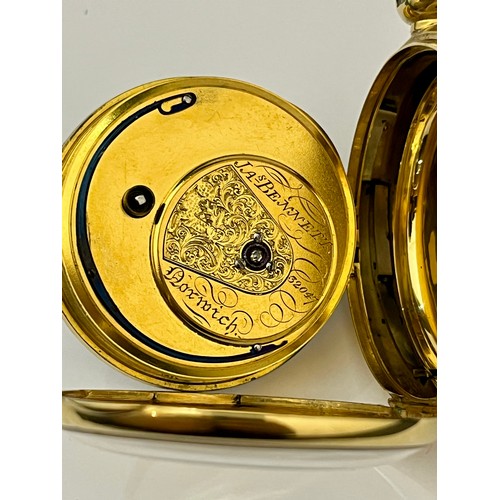 5037 - J. BENNETT OF NORWICH: A 19th Century 18ct gold open-faced pocket watch, enamel dial with Roman nume... 