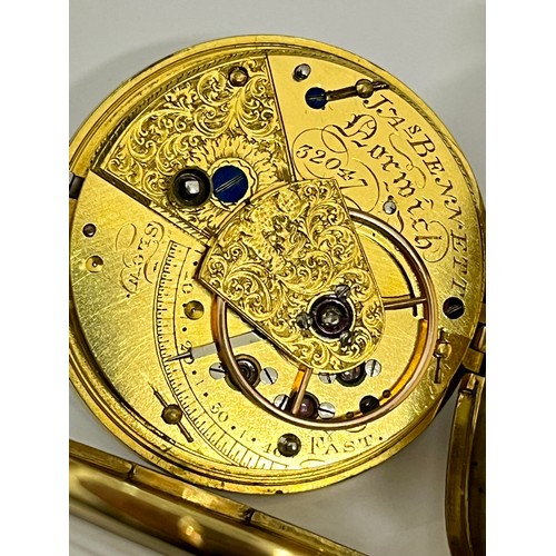 5037 - J. BENNETT OF NORWICH: A 19th Century 18ct gold open-faced pocket watch, enamel dial with Roman nume... 