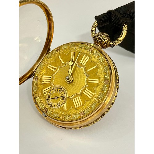 5041 - An early 19th Century 18ct gold Massey style open-faced pocket watch, engraved Roman numerated gilt ... 