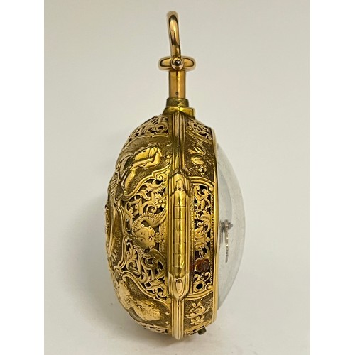 5057 - SIGNED PET (Peter?) KINSEY, LONDON: A gold finely pierced pair cased repeating pocket watch, enamel ... 