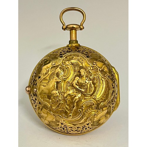 5057 - SIGNED PET (Peter?) KINSEY, LONDON: A gold finely pierced pair cased repeating pocket watch, enamel ... 