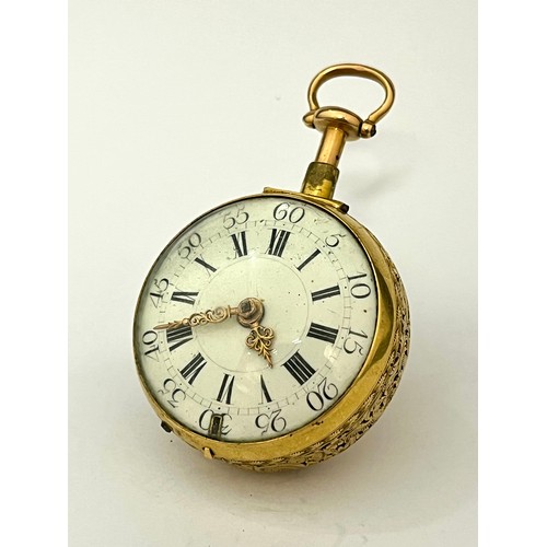 5057 - SIGNED PET (Peter?) KINSEY, LONDON: A gold finely pierced pair cased repeating pocket watch, enamel ... 