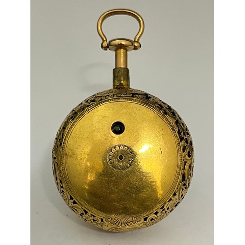 5057 - SIGNED PET (Peter?) KINSEY, LONDON: A gold finely pierced pair cased repeating pocket watch, enamel ... 