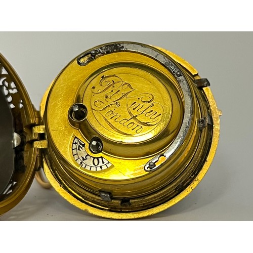 5057 - SIGNED PET (Peter?) KINSEY, LONDON: A gold finely pierced pair cased repeating pocket watch, enamel ... 