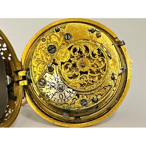 5057 - SIGNED PET (Peter?) KINSEY, LONDON: A gold finely pierced pair cased repeating pocket watch, enamel ... 