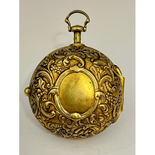 5059 - BOWLY OF LONDON: A gilt pair cased repeating pocket watch, enamel dial with Roman numerals (a/f) and... 