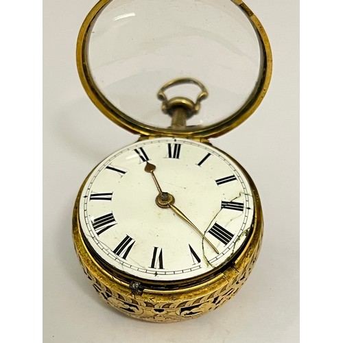 5059 - BOWLY OF LONDON: A gilt pair cased repeating pocket watch, enamel dial with Roman numerals (a/f) and... 