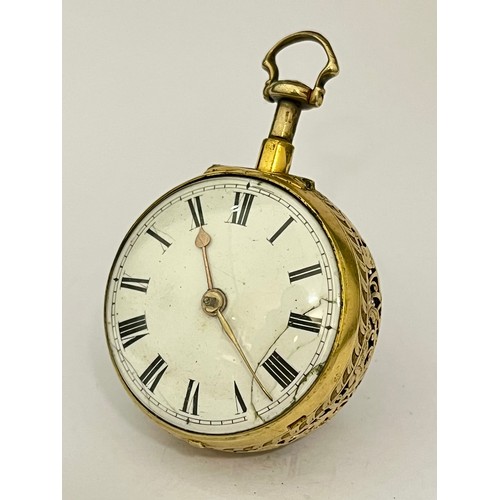 5059 - BOWLY OF LONDON: A gilt pair cased repeating pocket watch, enamel dial with Roman numerals (a/f) and... 