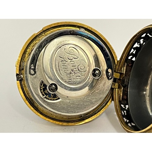 5059 - BOWLY OF LONDON: A gilt pair cased repeating pocket watch, enamel dial with Roman numerals (a/f) and... 