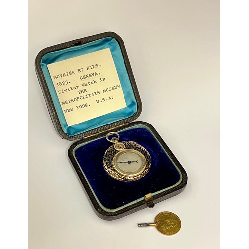 5074 - A circa 1825 yellow metal and enamel jump hour pocket watch potentially Moynier et Fils, Geneva. The... 