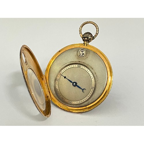 5074 - A circa 1825 yellow metal and enamel jump hour pocket watch potentially Moynier et Fils, Geneva. The... 