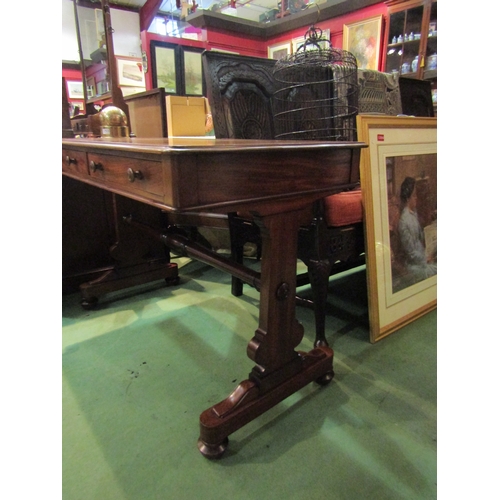 4001 - A circa 1860 flame mahogany side table, the two frieze drawers over a shaped slab end base on turned... 