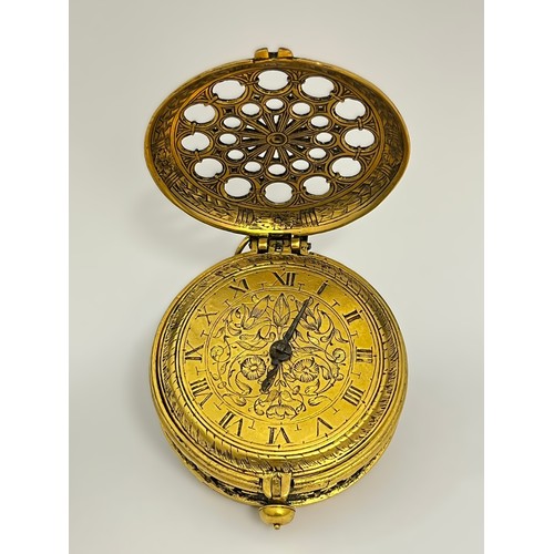 5263 - An early 17th Century German primitive gilt metal clock watch (travelling clock) with countwheel str... 