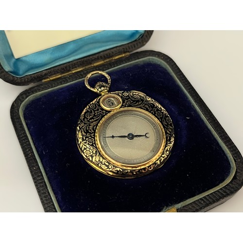 5074 - A circa 1825 yellow metal and enamel jump hour pocket watch potentially Moynier et Fils, Geneva. The... 