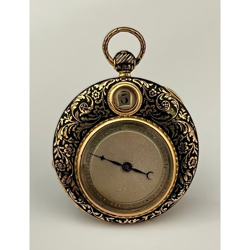 5074 - A circa 1825 yellow metal and enamel jump hour pocket watch potentially Moynier et Fils, Geneva. The... 