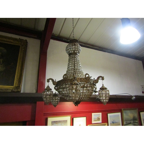 4570 - A pair of crystal glass multi-sconce gilt metal ceiling chandeliers, each missing one sconce, approx... 