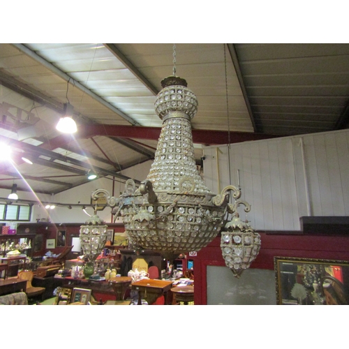 4570 - A pair of crystal glass multi-sconce gilt metal ceiling chandeliers, each missing one sconce, approx... 