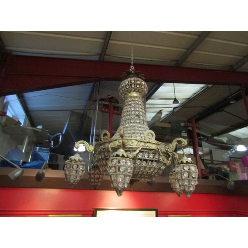 4570 - A pair of crystal glass multi-sconce gilt metal ceiling chandeliers, each missing one sconce, approx... 