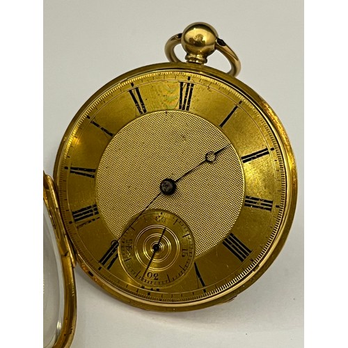 5047 - LAW & SON OF DUBLIN: A circa 1900 18ct gold open-faced pocket watch, gold engraved dial with Roman n... 