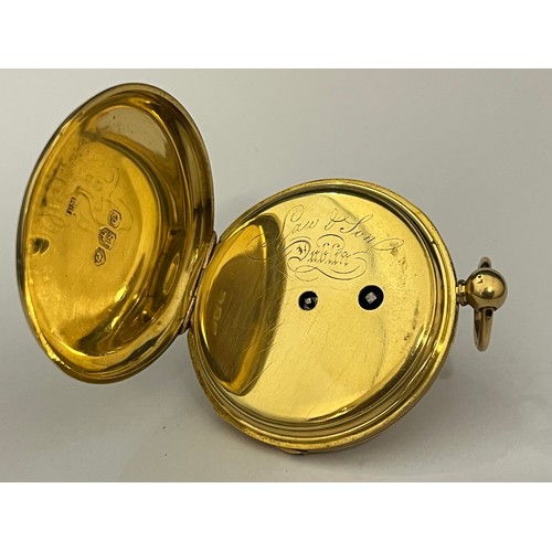 5047 - LAW & SON OF DUBLIN: A circa 1900 18ct gold open-faced pocket watch, gold engraved dial with Roman n... 