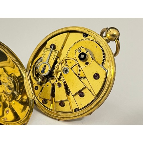 5047 - LAW & SON OF DUBLIN: A circa 1900 18ct gold open-faced pocket watch, gold engraved dial with Roman n... 