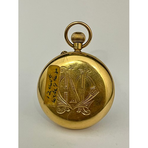 5076 - A circa 1900 18ct gold open-faced keyless wind pocket watch, white enamel dial with Roman numerals (... 