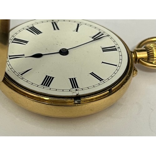 5076 - A circa 1900 18ct gold open-faced keyless wind pocket watch, white enamel dial with Roman numerals (... 