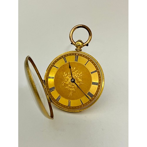 5051 - STAUFFER CHAUX-De-Fonds: A late 19th Century 18k gold open-faced fob watch, engraved gilt dial with ... 