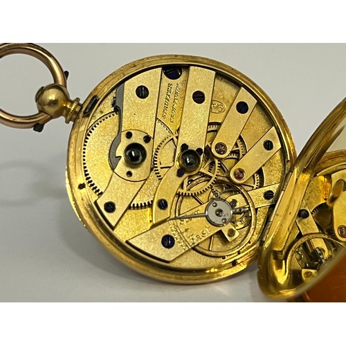 5051 - STAUFFER CHAUX-De-Fonds: A late 19th Century 18k gold open-faced fob watch, engraved gilt dial with ... 