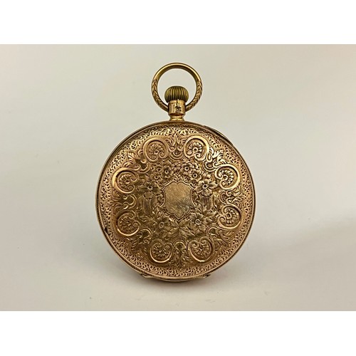 5077 - WALTHAM USA: An early 20th Century Waltham USA 9ct keyless wind gold open-faced fob watch, white ena... 