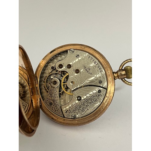 5077 - WALTHAM USA: An early 20th Century Waltham USA 9ct keyless wind gold open-faced fob watch, white ena... 