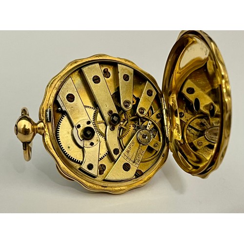 5080 - A late 19th / early 20th Century Continental 18k gold open-faced pocket watch, white enamel dial wit... 