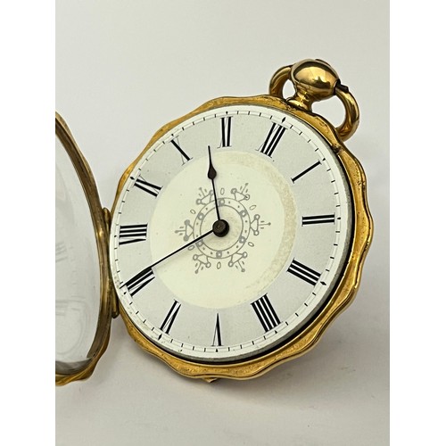 5080 - A late 19th / early 20th Century Continental 18k gold open-faced pocket watch, white enamel dial wit... 