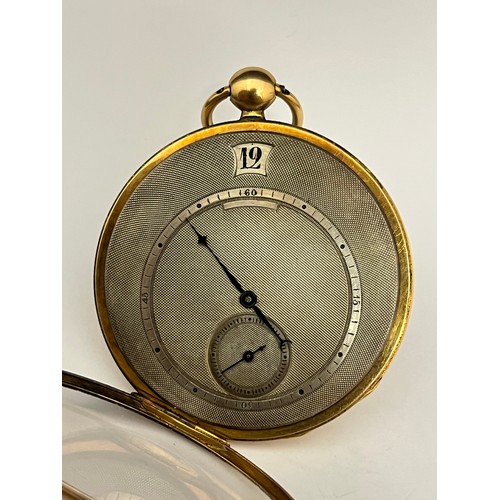 5084 - A 19th Century Continental gold cased key-wind open-faced pocket watch with jump hour, the engine-tu... 